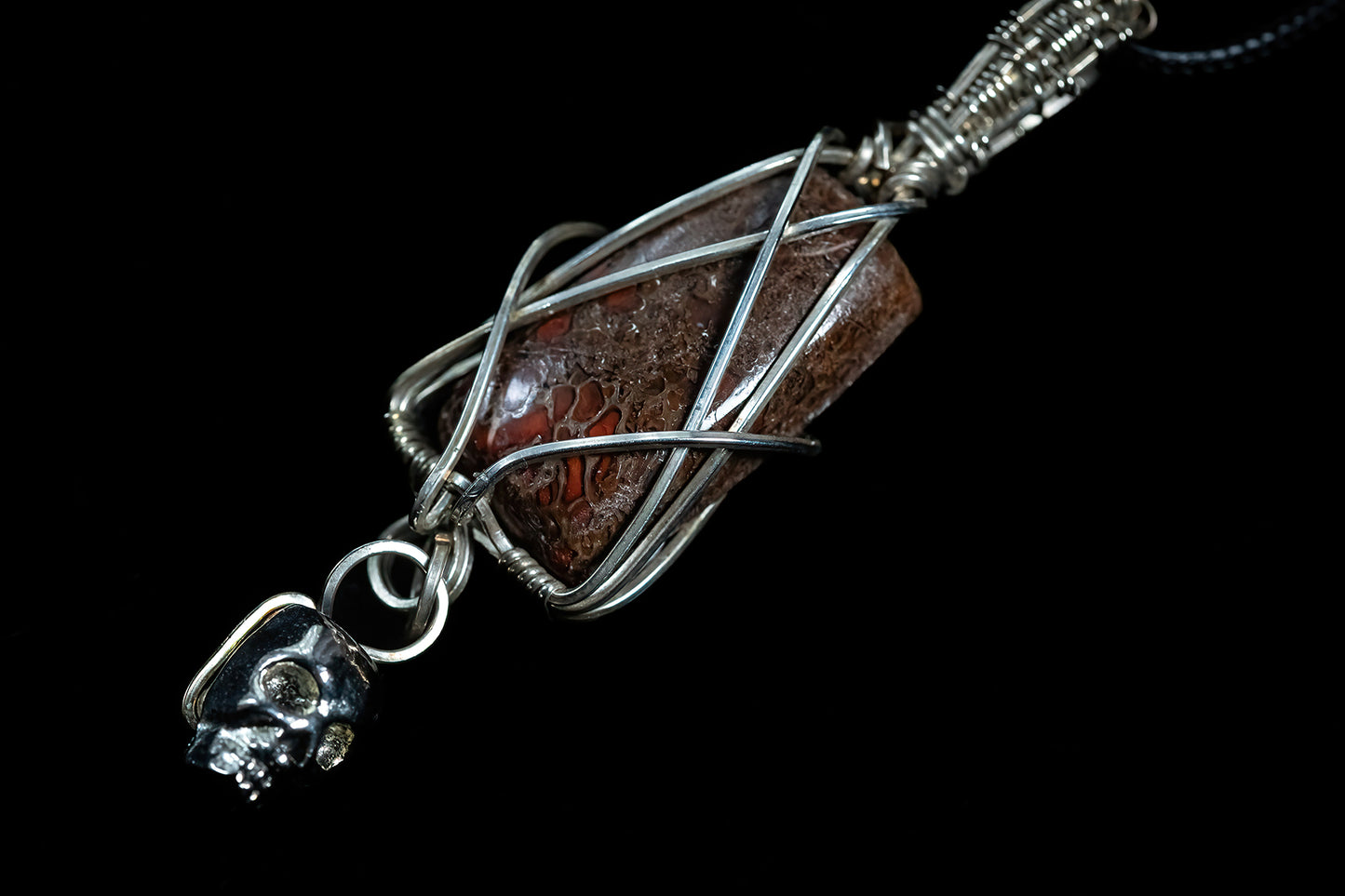 Dinosaur Gem Bone in .925 Sterling Silver with Stainless Steel Skull Accent