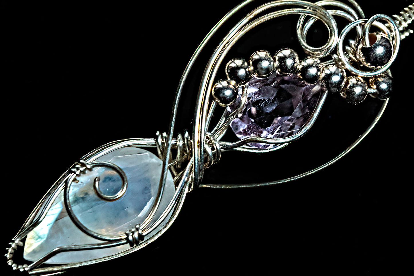 Teardrop Faceted Moonstone and Amethyst Accent in .925 Sterling Silver