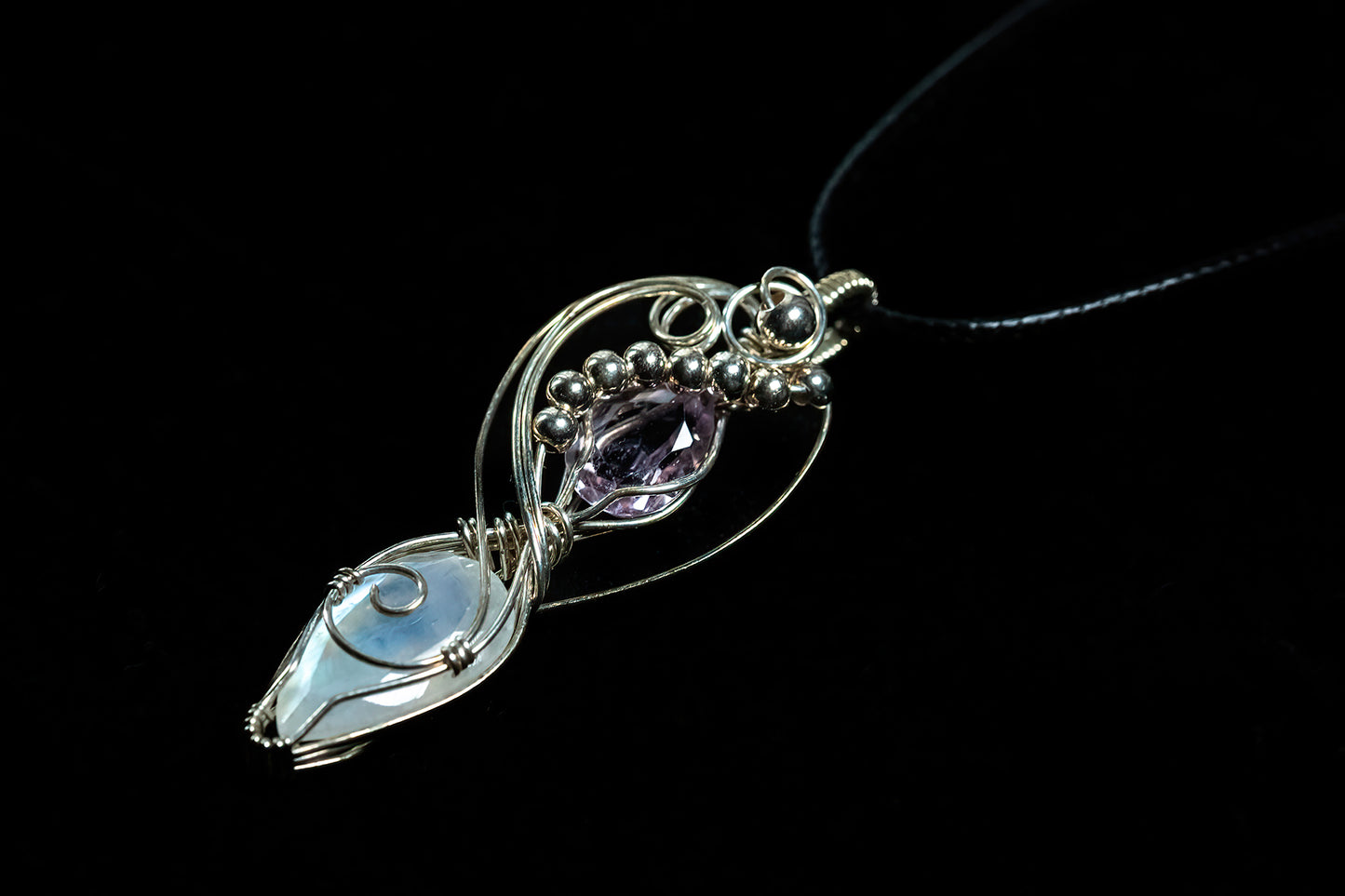 Teardrop Faceted Moonstone and Amethyst Accent in .925 Sterling Silver