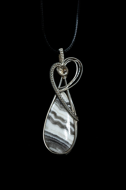 Brown and White Banded Calcite with Oregon Sunstone Accent in .925 Sterling Silver