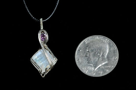 Gorgeous Blue Flash Moonstone Facet With Faceted Amethyst Accent in Sterling Silver