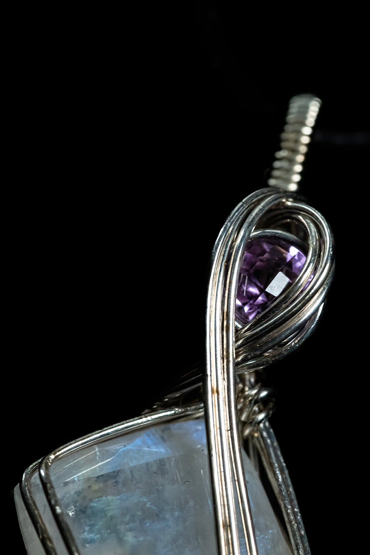 Gorgeous Blue Flash Moonstone Facet With Faceted Amethyst Accent in Sterling Silver
