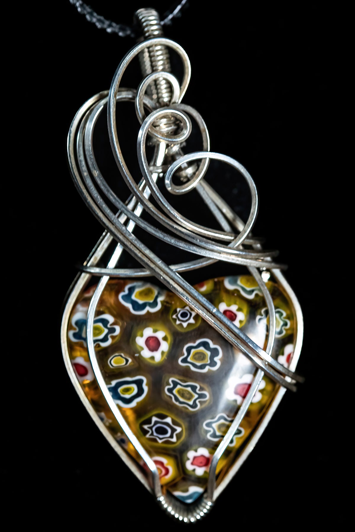 Bright Yellow Italian Millefiori Heart Shape Glass set in Sterling Silver