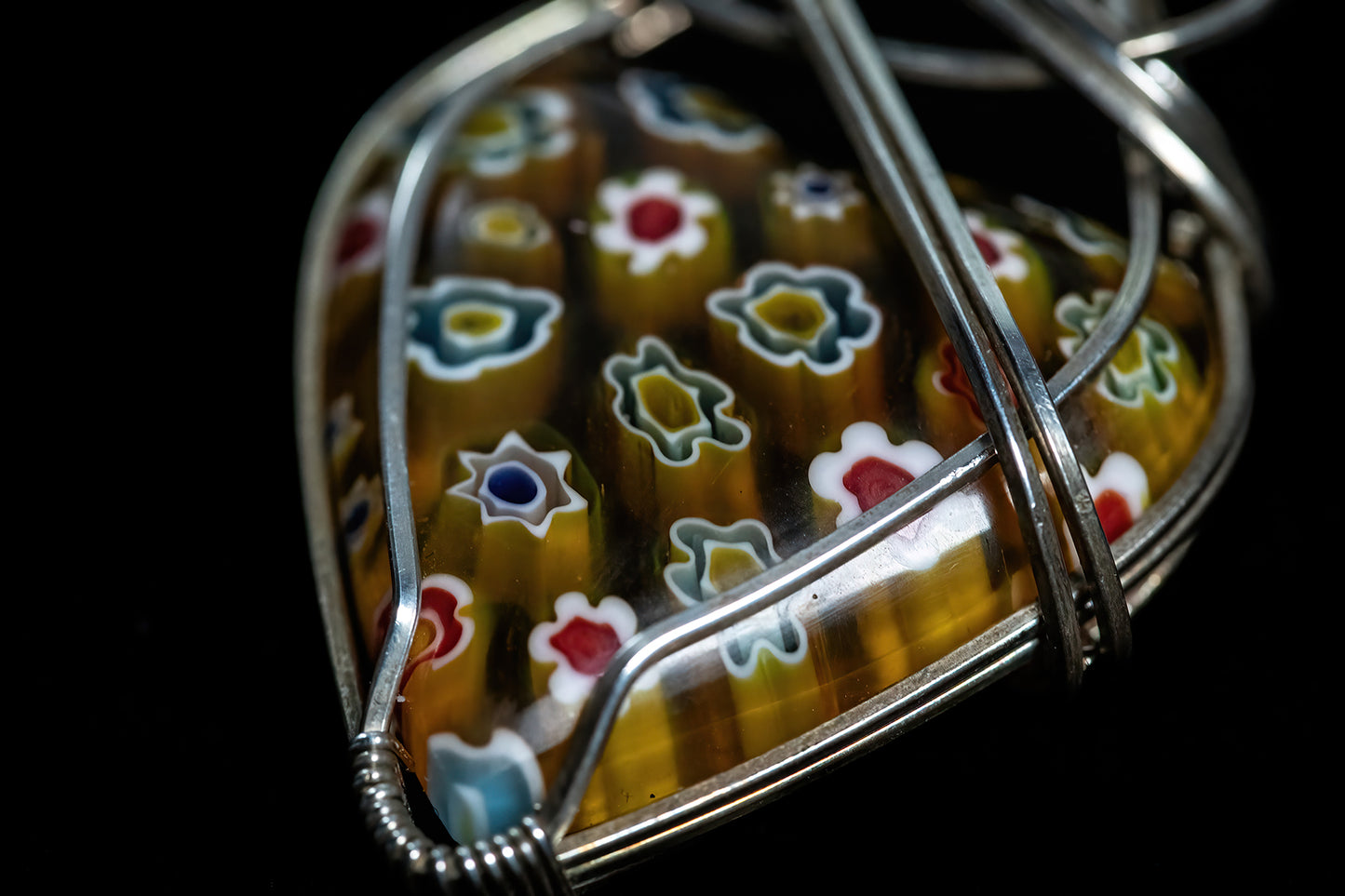 Bright Yellow Italian Millefiori Heart Shape Glass set in Sterling Silver