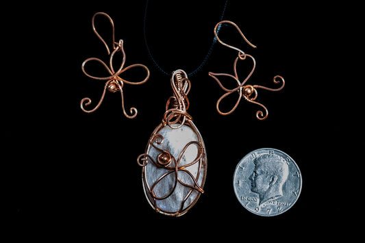 Cute Bumblebee Earring and Pendant Set with Belomorite Moonstone in Fine Copper