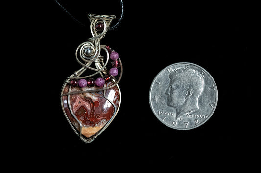 Crazy Lace Agate Heart with Garnet and Ruby Accents in Argentium Silver