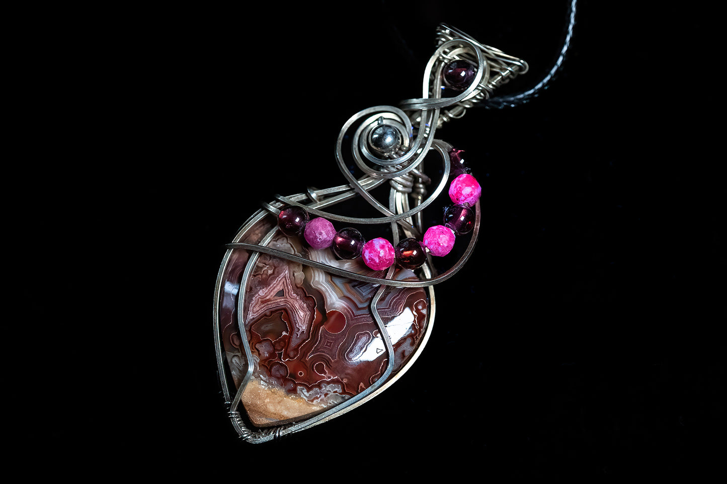 Crazy Lace Agate Heart with Garnet and Ruby Accents in Argentium Silver