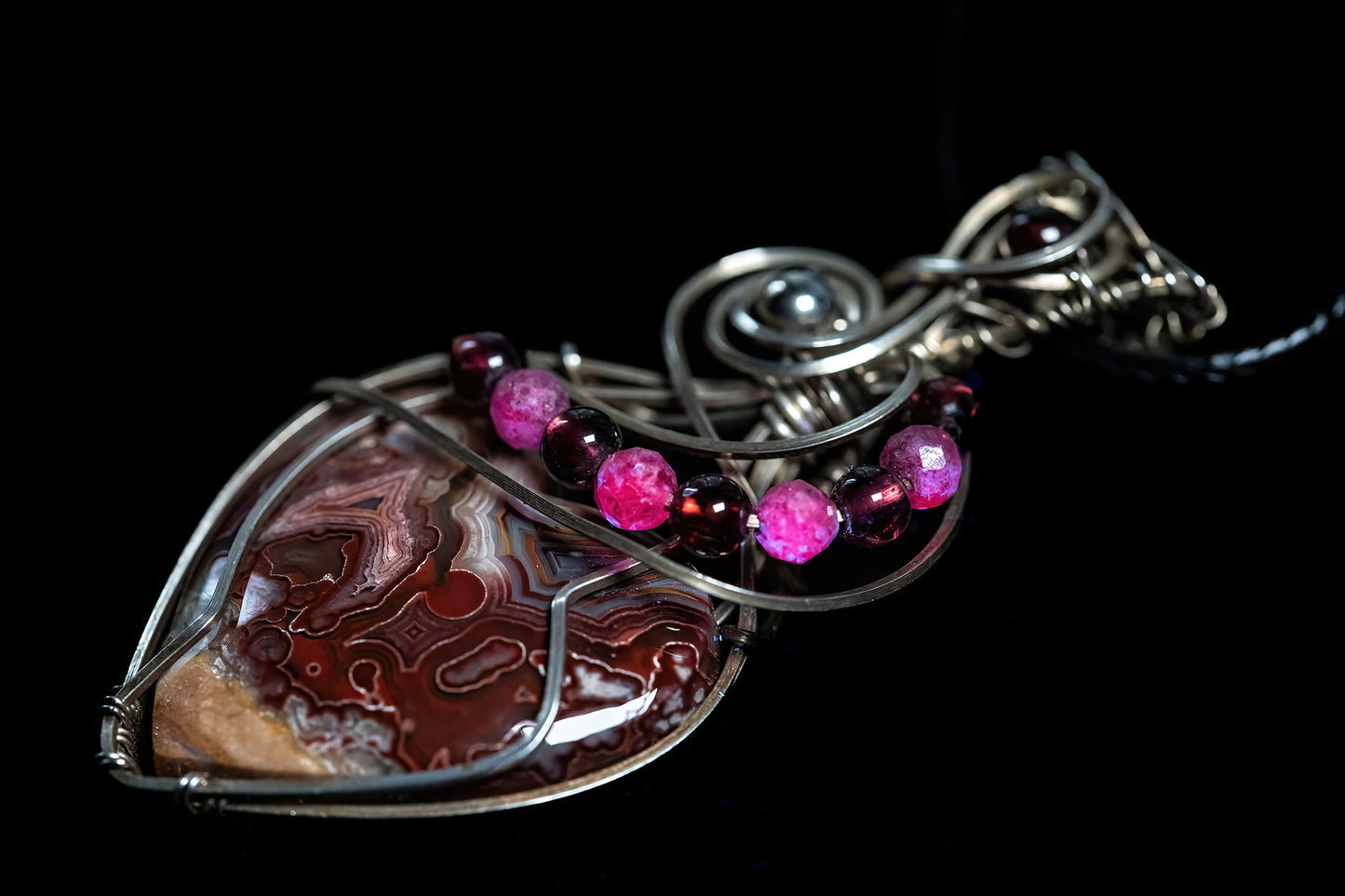 Crazy Lace Agate Heart with Garnet and Ruby Accents in Argentium Silver