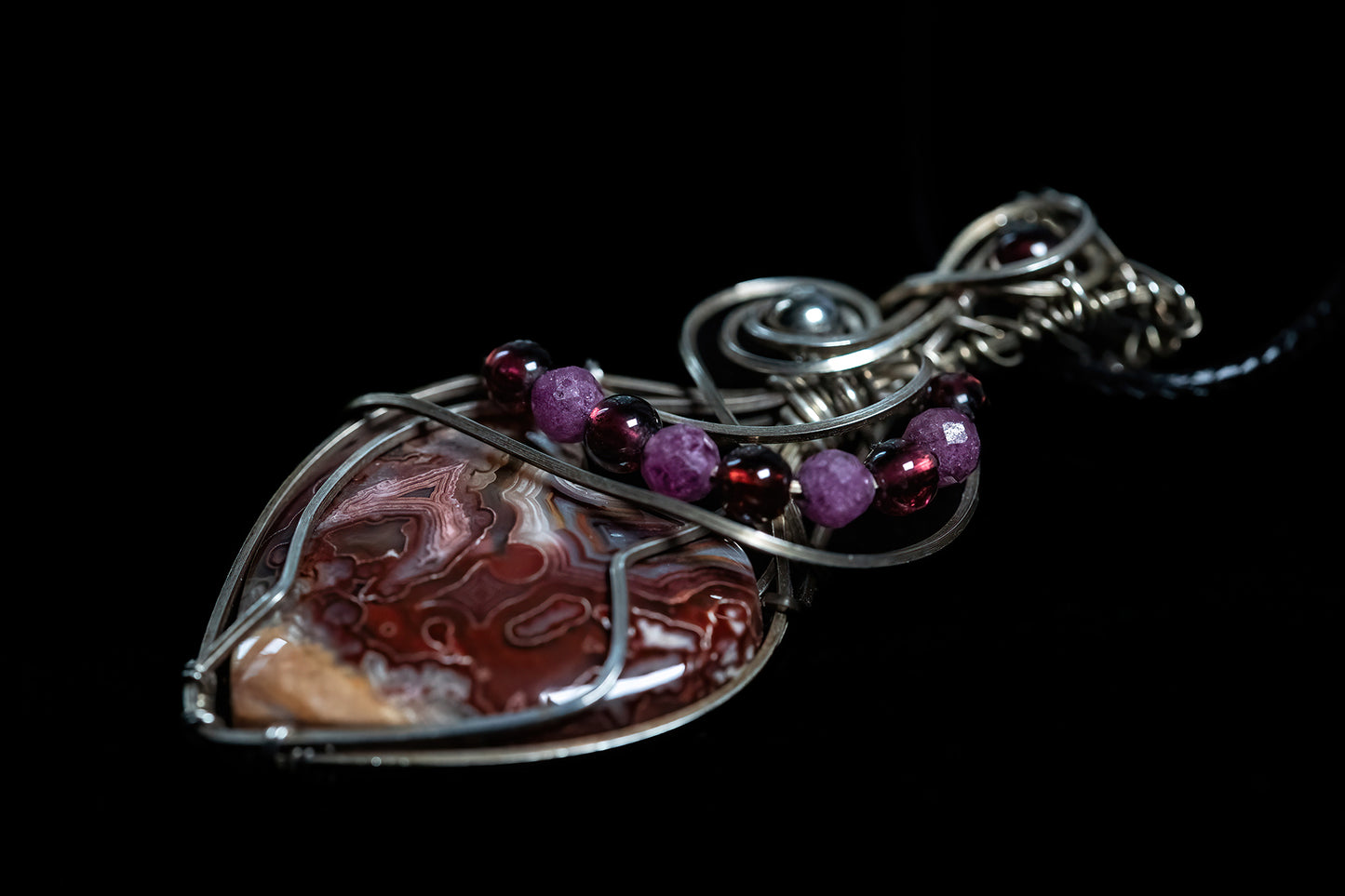 Crazy Lace Agate Heart with Garnet and Ruby Accents in Argentium Silver