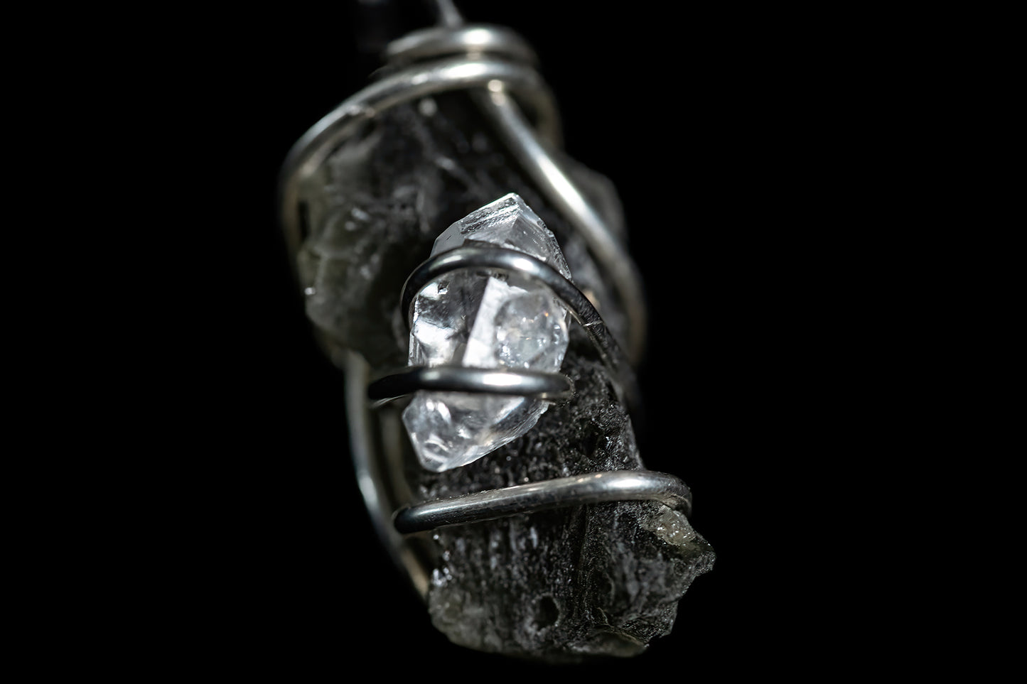 Moldavite and Herkimer Diamond in Sterling Silver