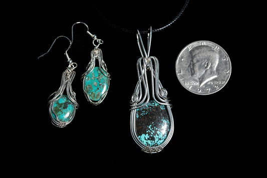 Tibetan Turquoise Earring and Pendant Set in Sterling Silver