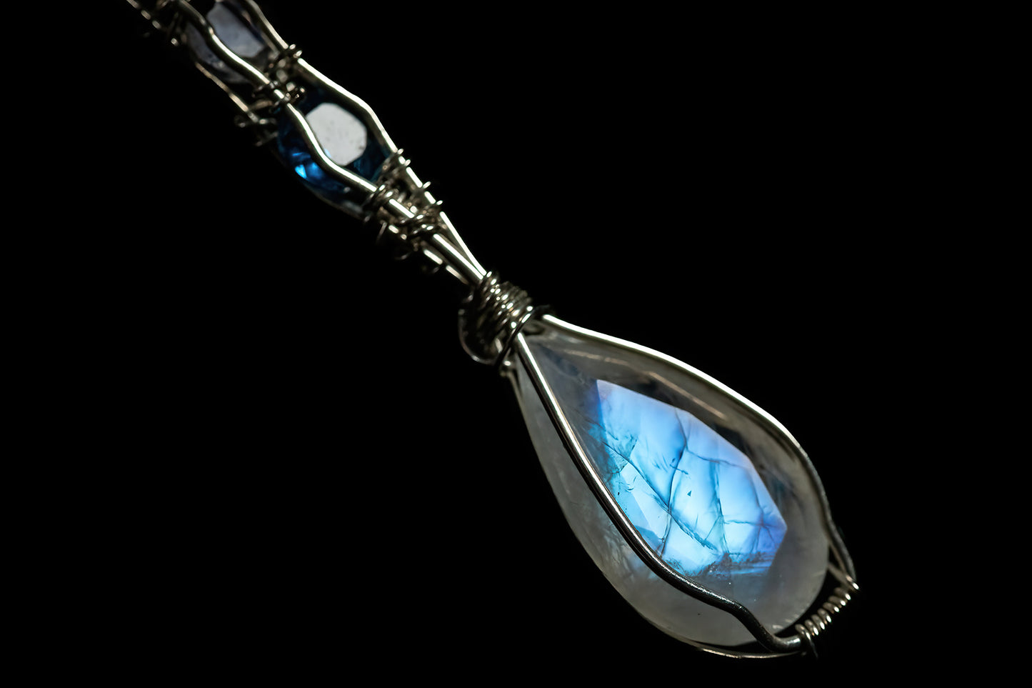 Faceted Moonstone, Apatite and White Topaz Drop Pendant in Sterling Silver