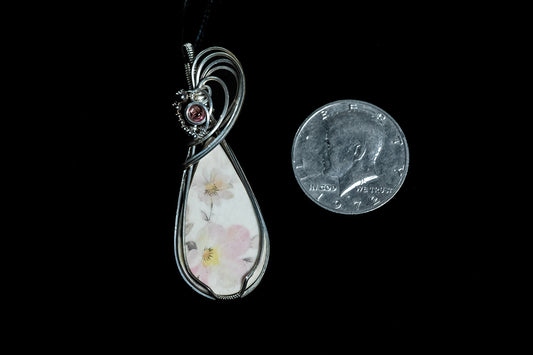 Vintage Pink Flower Porcelain Pendant with Pink Topaz accent in Sterling Silver