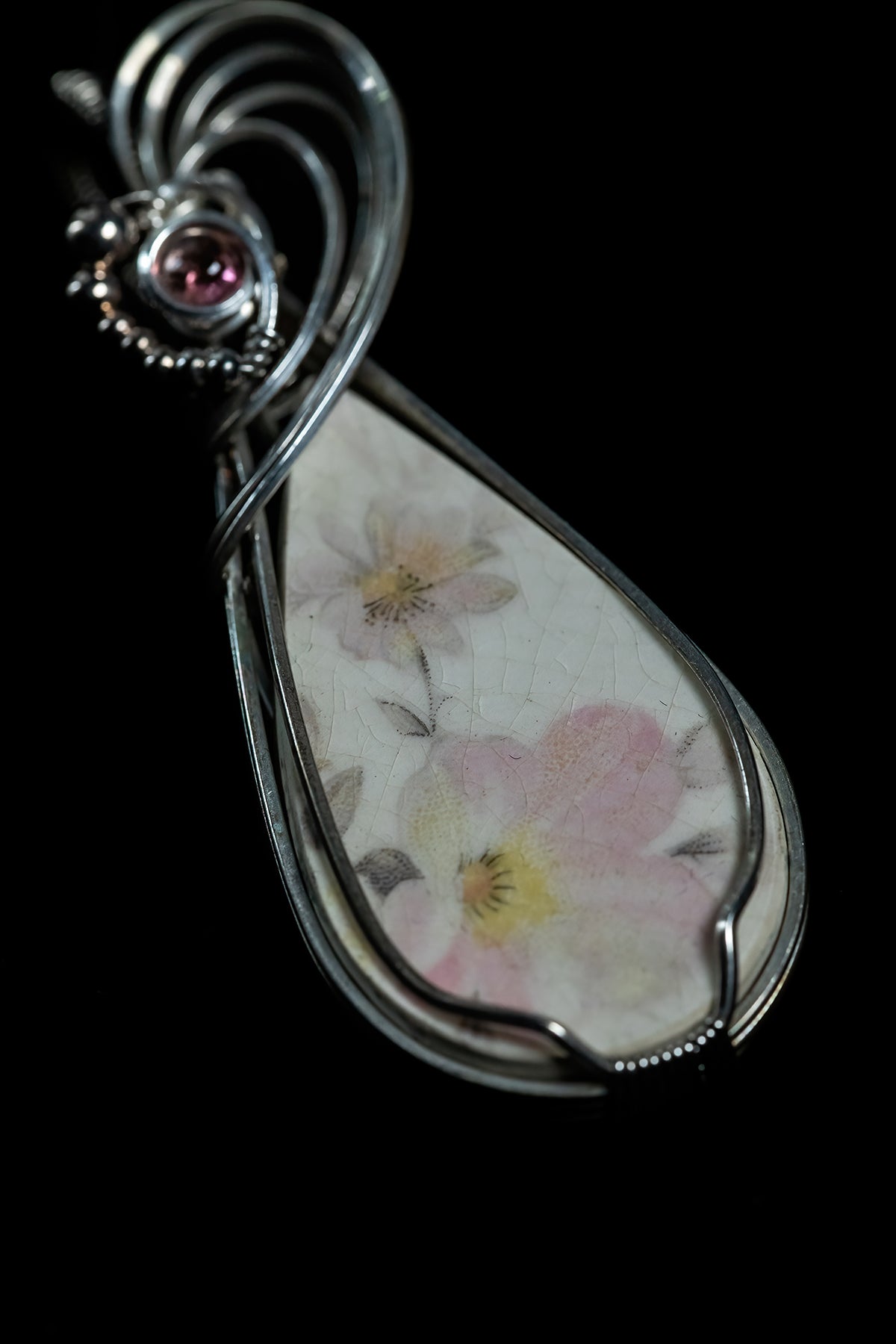 Vintage Pink Flower Porcelain Pendant with Pink Topaz accent in Sterling Silver