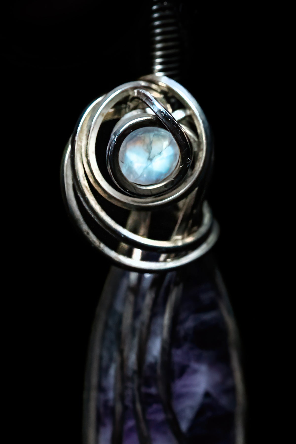 Chevron Amethyst with Faceted Moonstone Accent wrapped in Sterling Silver
