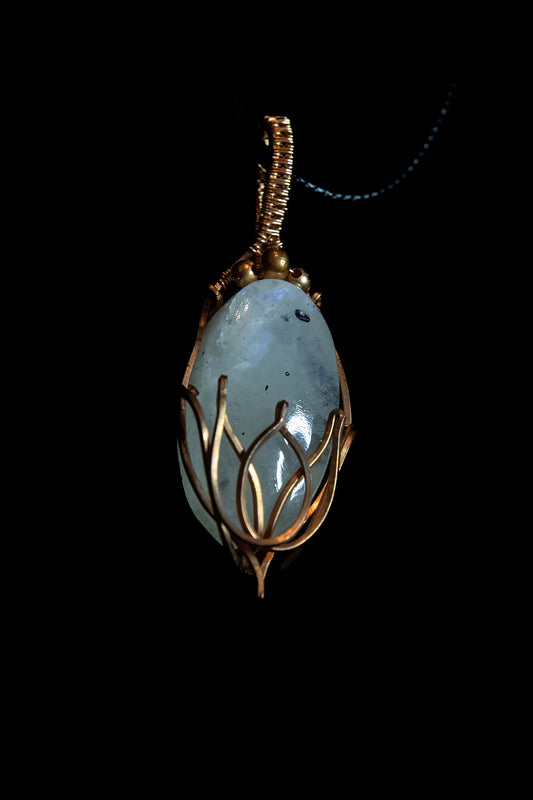 Tourmaline Moonstone in Fine Copper Lotus Cage