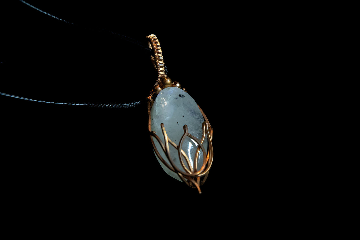 Tourmaline Moonstone in Fine Copper Lotus Cage