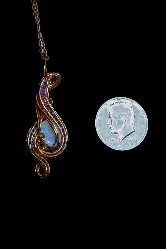 Blue Flash Faceted Moonstone with Apatite and Amethyst Facets in Fine Copper