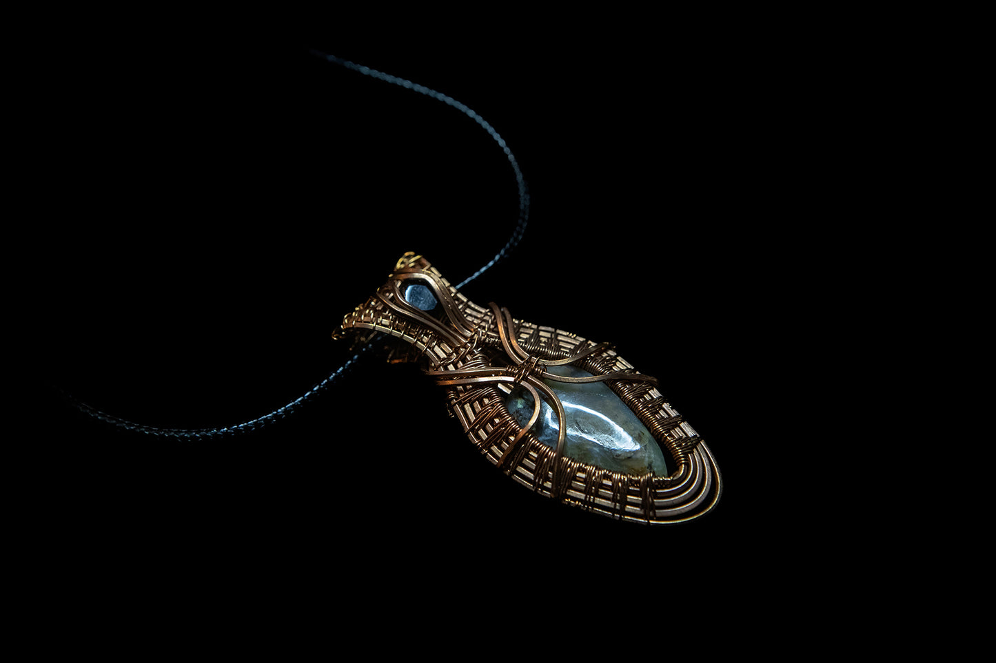 Black Spinel Facet and Peruvian Opal Woven in Fine Copper