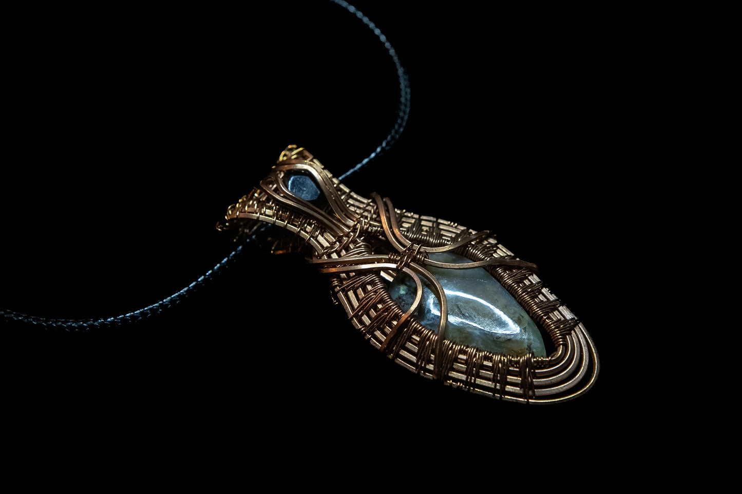 Black Spinel Facet and Peruvian Opal Woven in Fine Copper