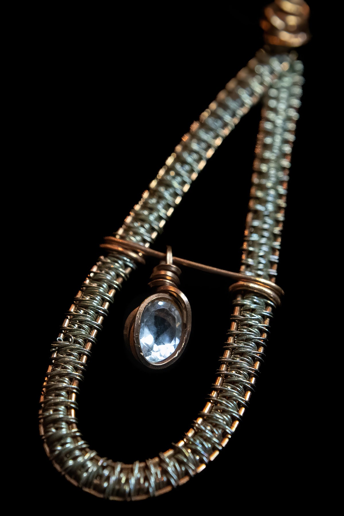 Yellow Labradorite Facet Swinging Freely from Copper and Silver Woven Frame