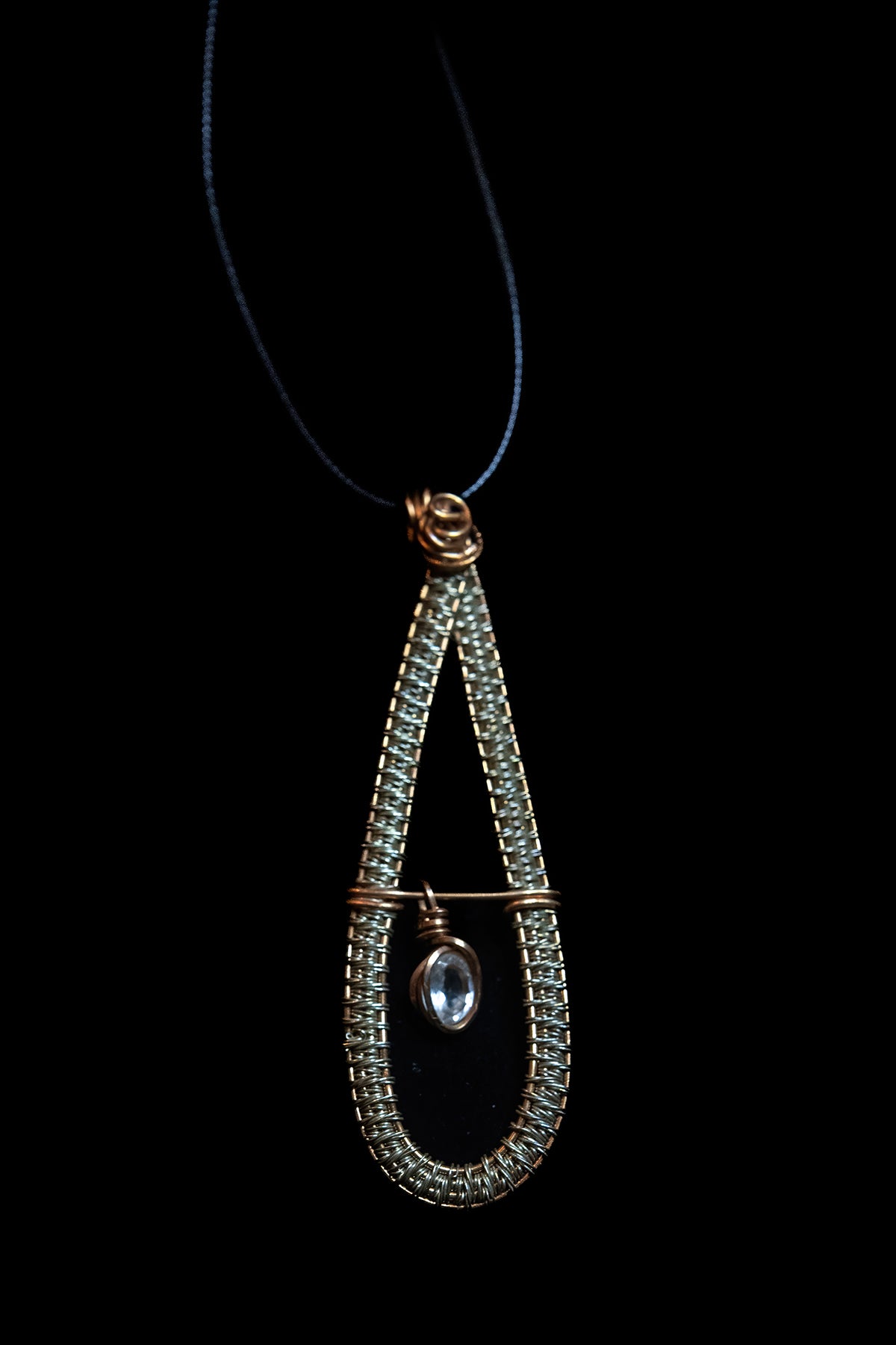 Yellow Labradorite Facet Swinging Freely from Copper and Silver Woven Frame