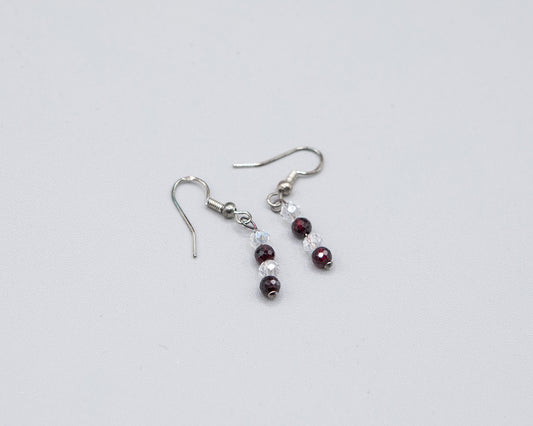 Garnet and clear crystal dangle earrings with sterling silver hooks