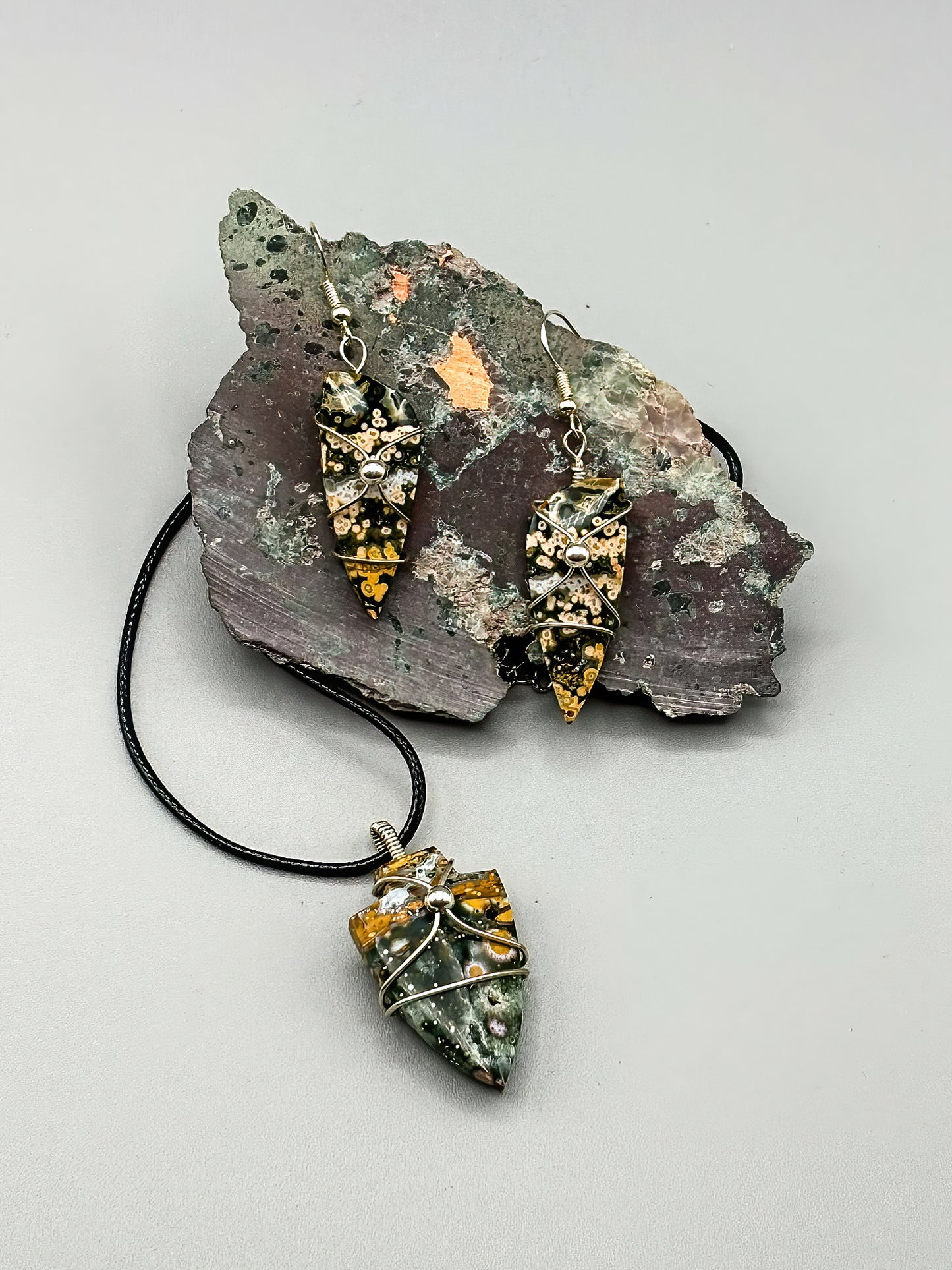 River Jasper Pendant and Earring Set in .925 Sterling Silver