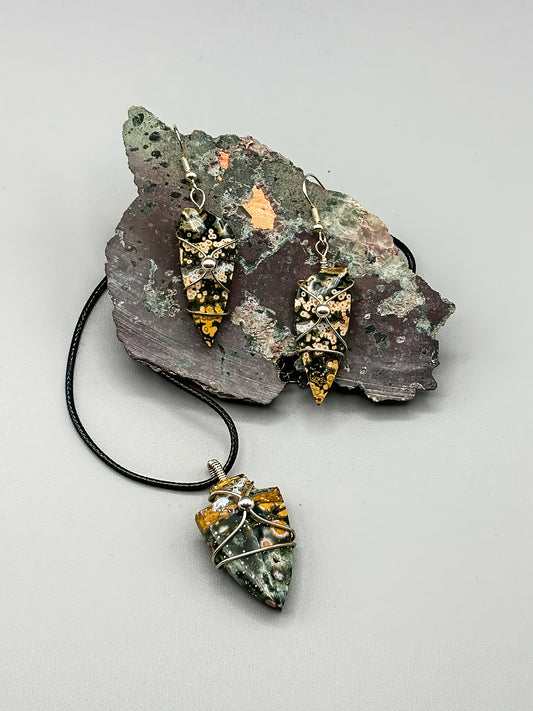 River Jasper Pendant and Earring Set in .925 Sterling Silver