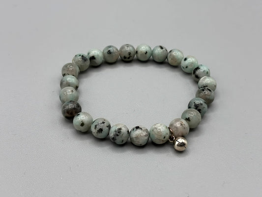 Moonstone Tourmaline beaded bracelet with sterling silver chime charm