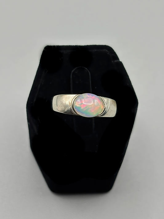 Oval Opal set in wide Sterling Silver Band, Size 8
