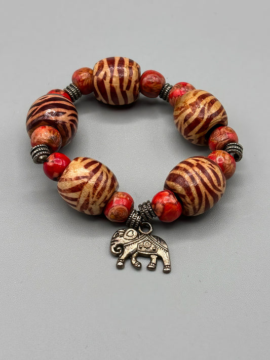 Wood Beaded Bracelet with Tibetan Silver Elephant