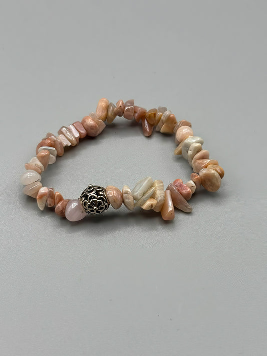 Peach Sunstone and Tibetan Silver Beaded Bracelet 6 3/4 inches