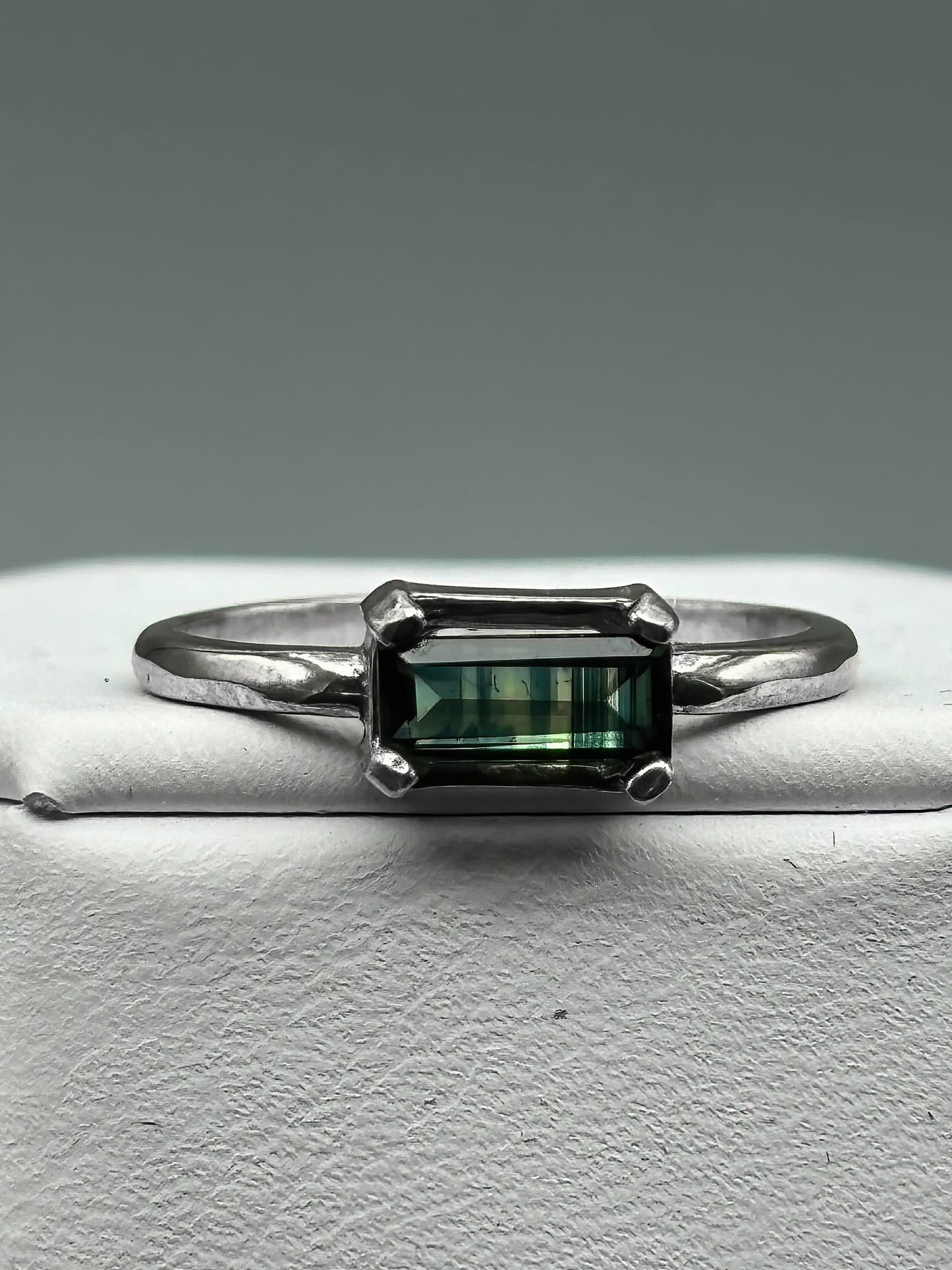 Rectangular Thai Parti Sapphire set in sterling silver band, size 7