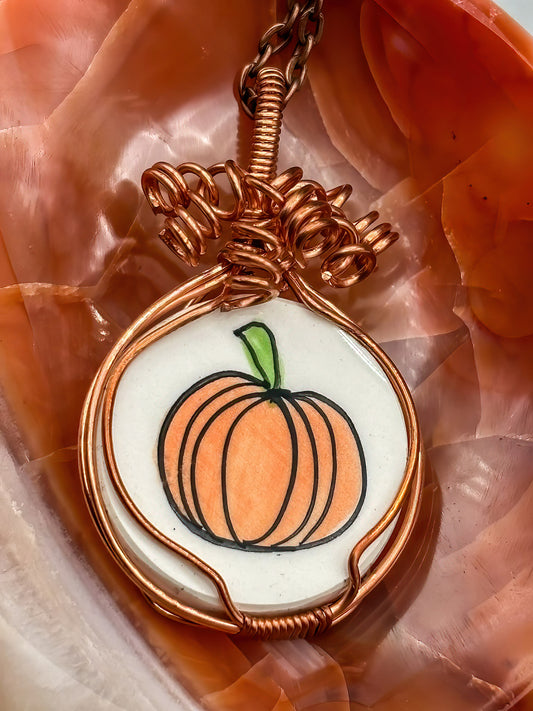 Porcelain Pumpkin Wrapped in Fine Copper Wire, includes copper chain