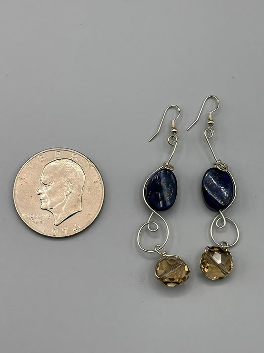 Statement Piece Earrings with Smokey Quartz and Blue Lapis, wrapped in Sterling silver