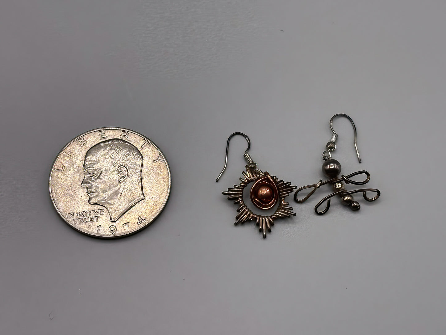 Dragonfly and Sun Earrings crafted from Oxidized Silver and Copper