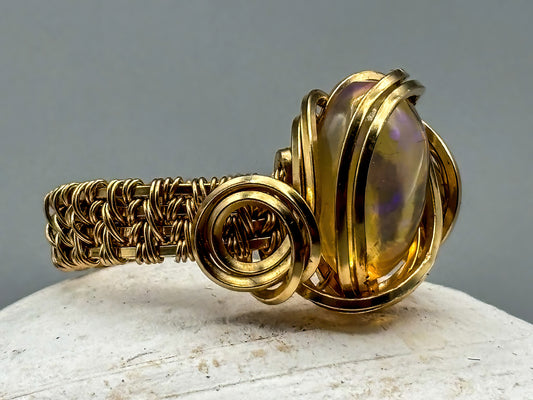 Gorgeous Clear Opal with Multi Color Flash wrapped in 14K gold filled wire, Size 6