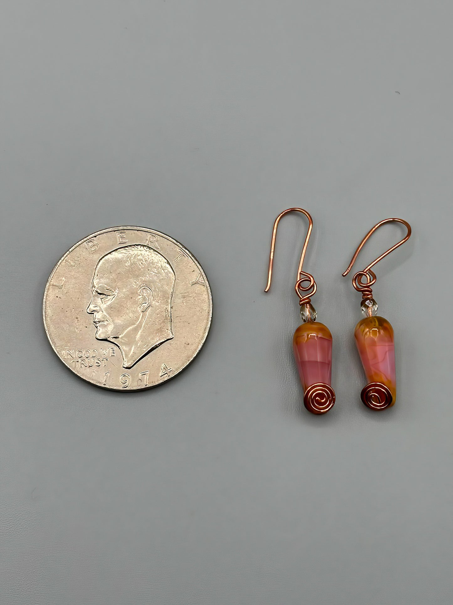 Pink and Orange Czech glass earrings in fine copper