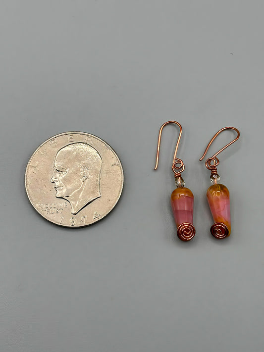 Pink and Orange Czech glass earrings in fine copper