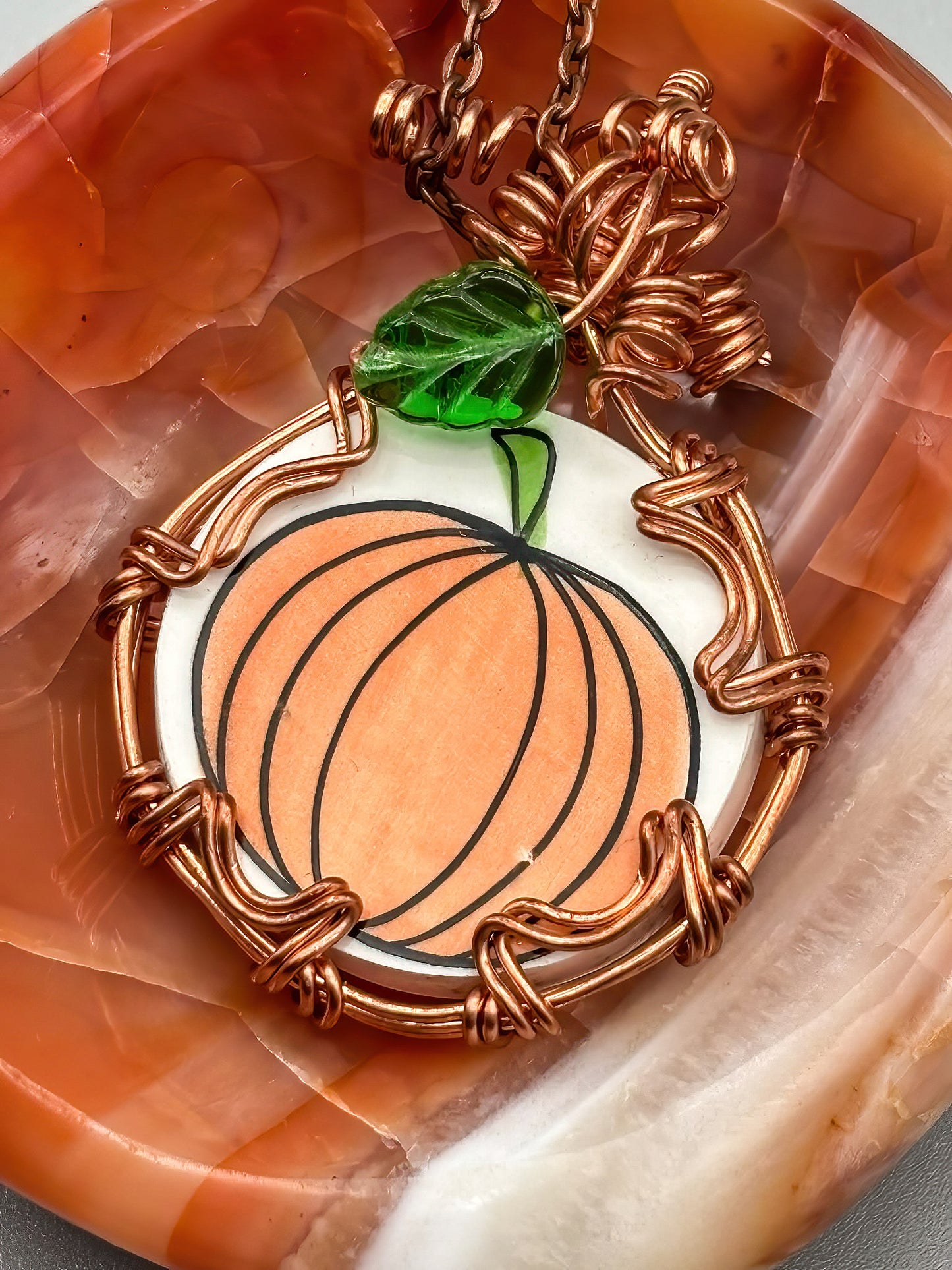 Porcelain Pumpkin with Czech Glass accent wrapped in Fine Copper, includes copper chain