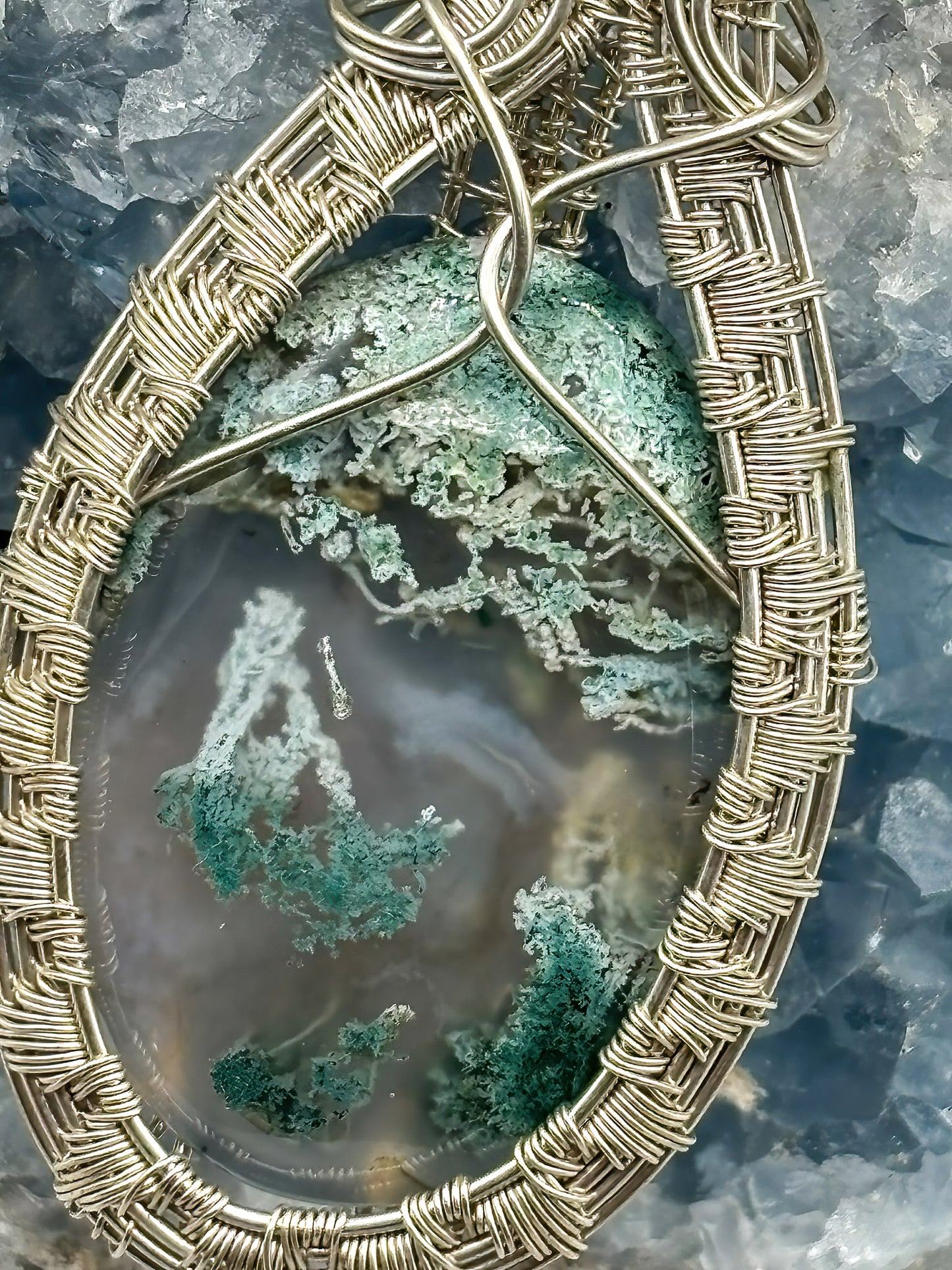 Large Moss Agate in Intricate Sterling Silver Wrap