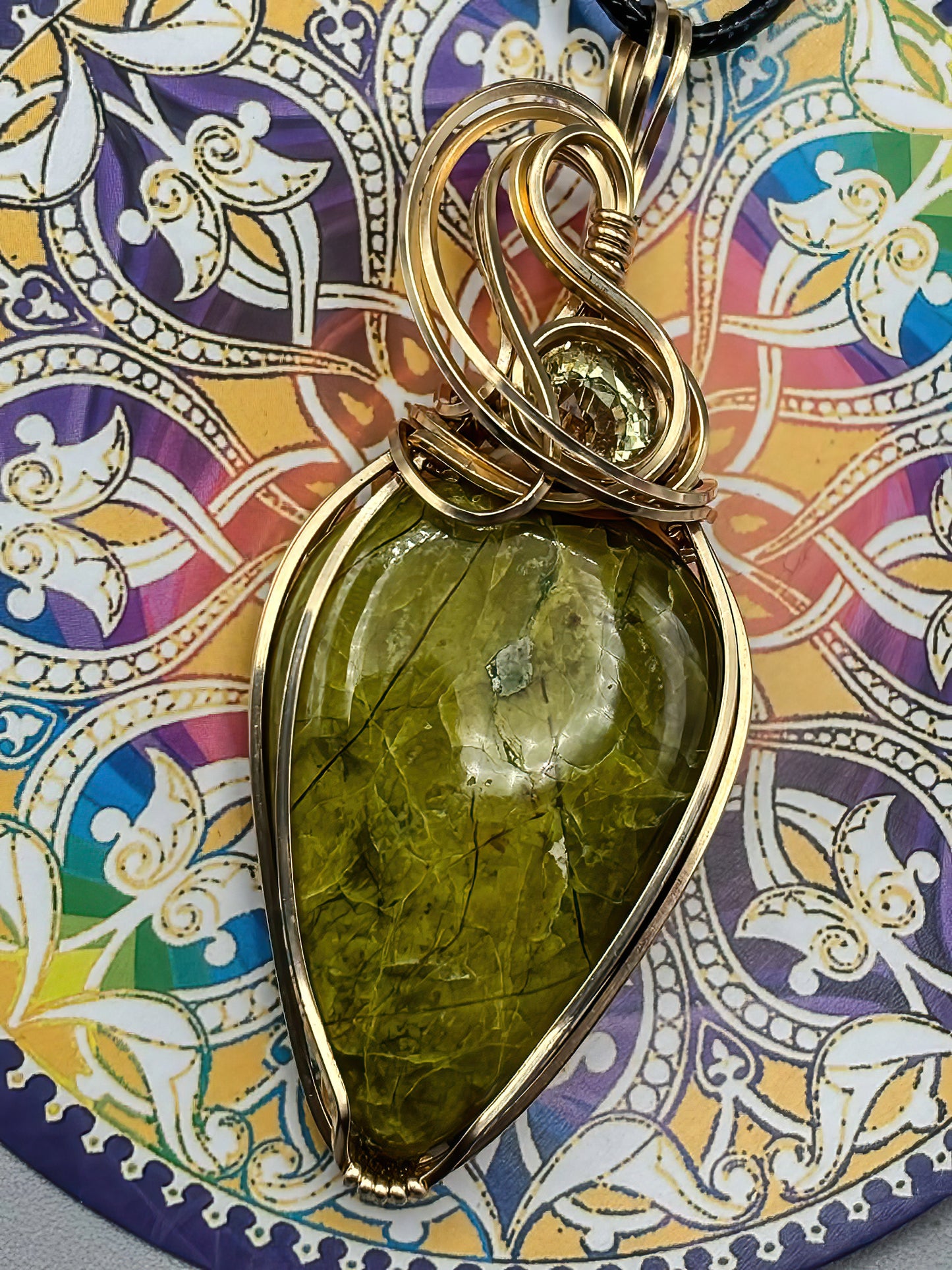 Green Opal with Yellow Apatite Accent wrapped in 14K gold filled wire