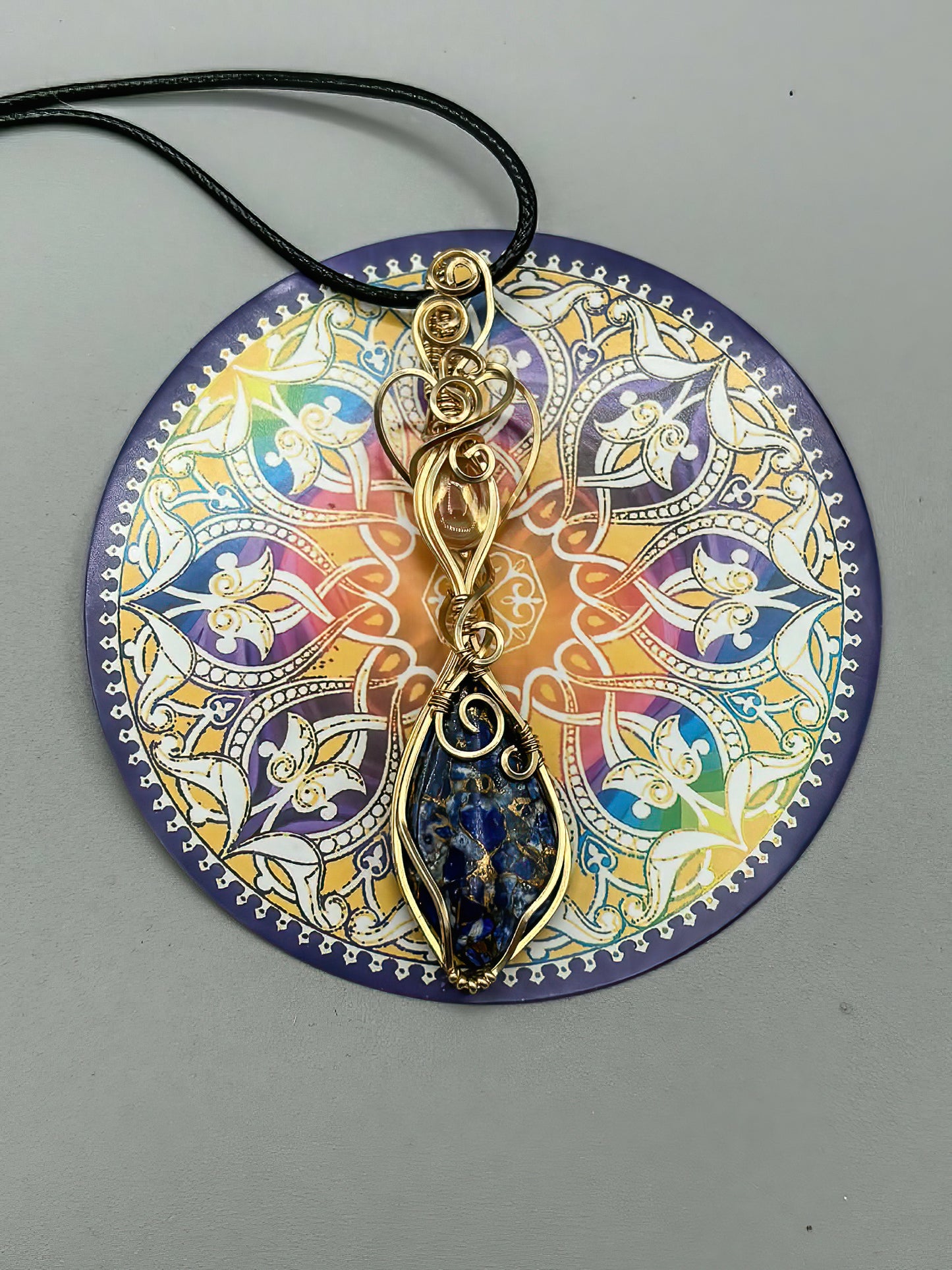 Blue Lapis Composite from Kingman Mine with Oregon Sunstone Accent Wrapped in 14K Gold Fill Wire