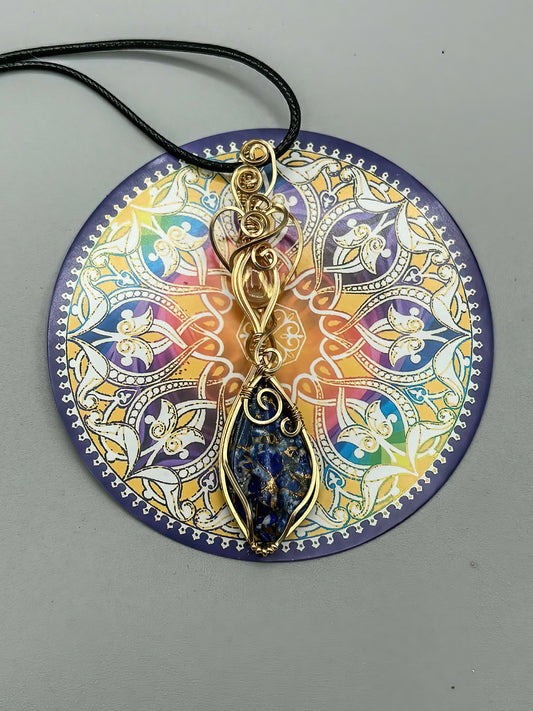 Blue Lapis Composite from Kingman Mine with Oregon Sunstone Accent Wrapped in 14K Gold Fill Wire