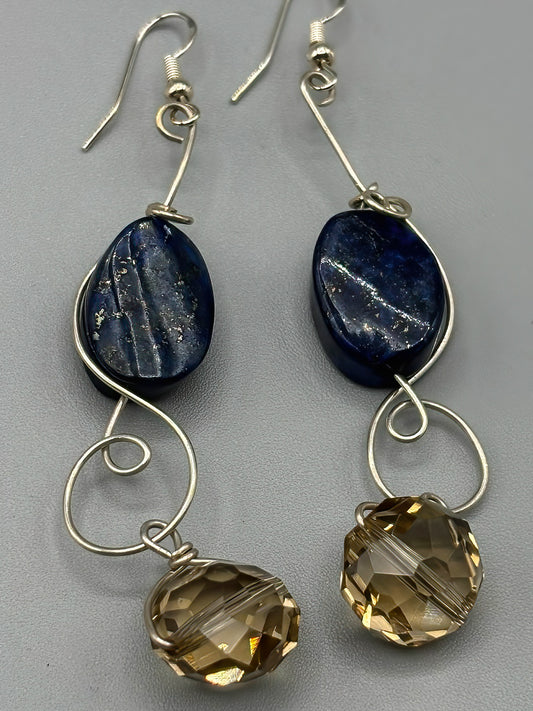 Statement Piece Earrings with Smokey Quartz and Blue Lapis, wrapped in Sterling silver
