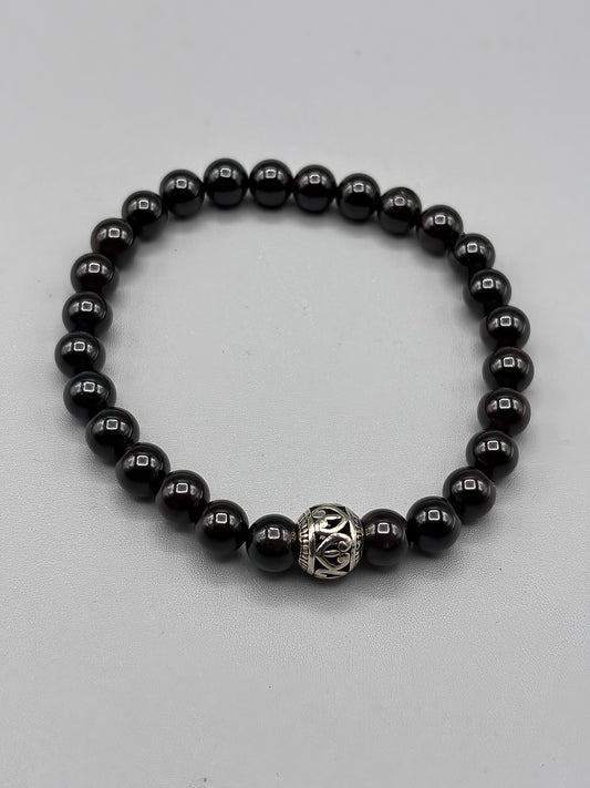 Dark Star Garnet and Tibetan Silver Beaded Bracelet 8 inches