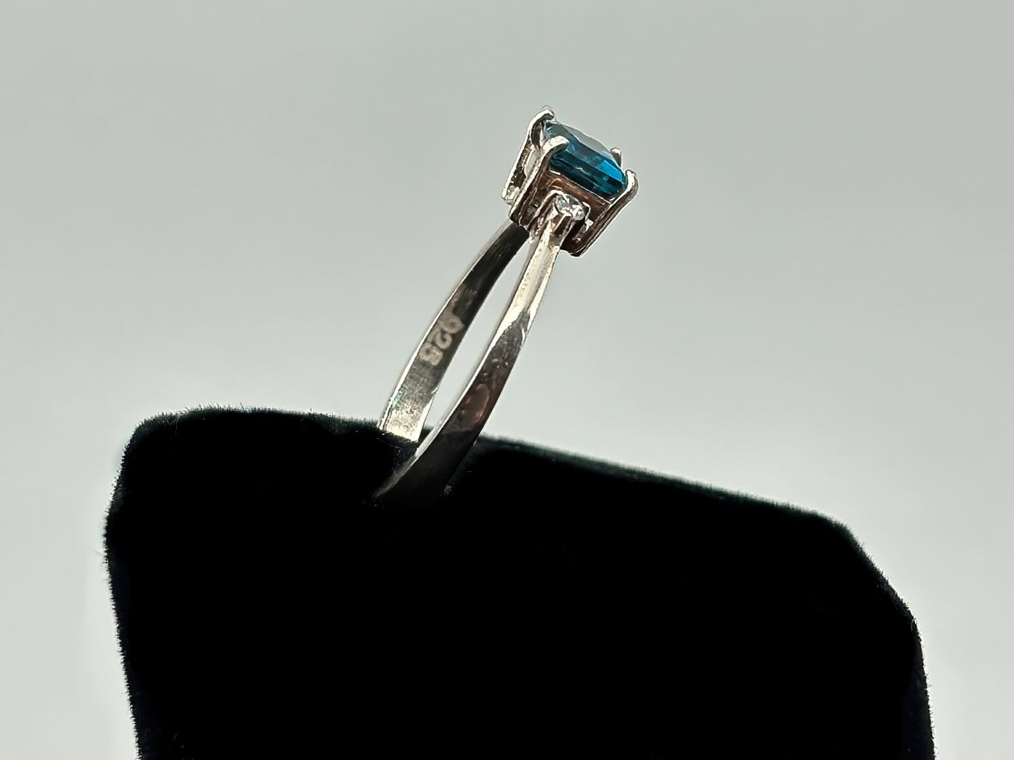 Rectangle London Blue Topaz and small CZ set in Sterling Silver, Size 6.5