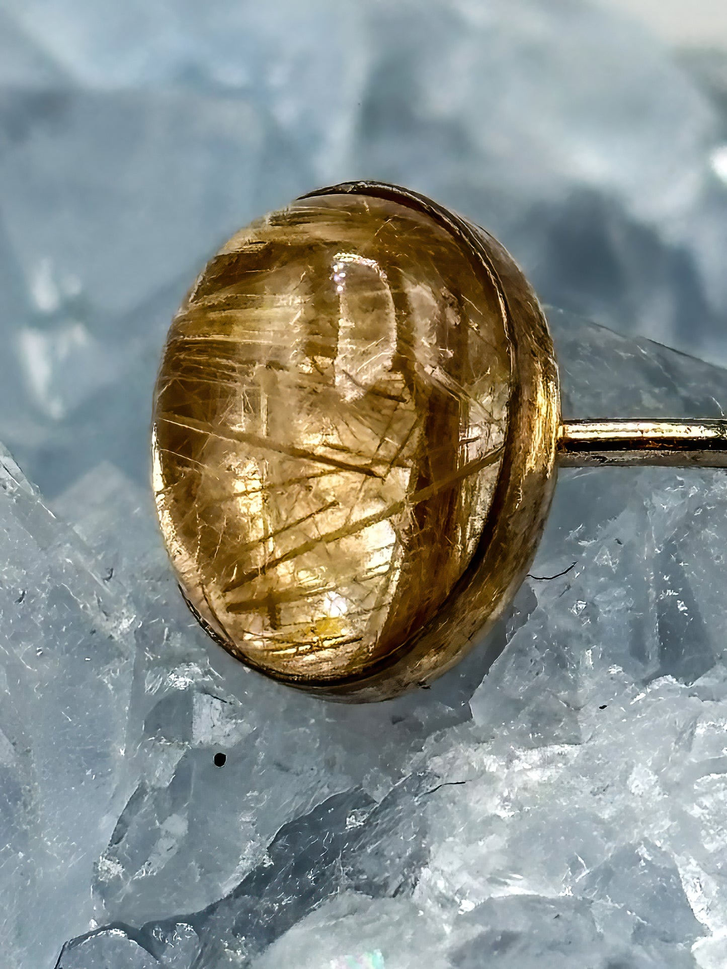 14K gold filled ring set with Rutilated Quartz Cabochon, Size 6