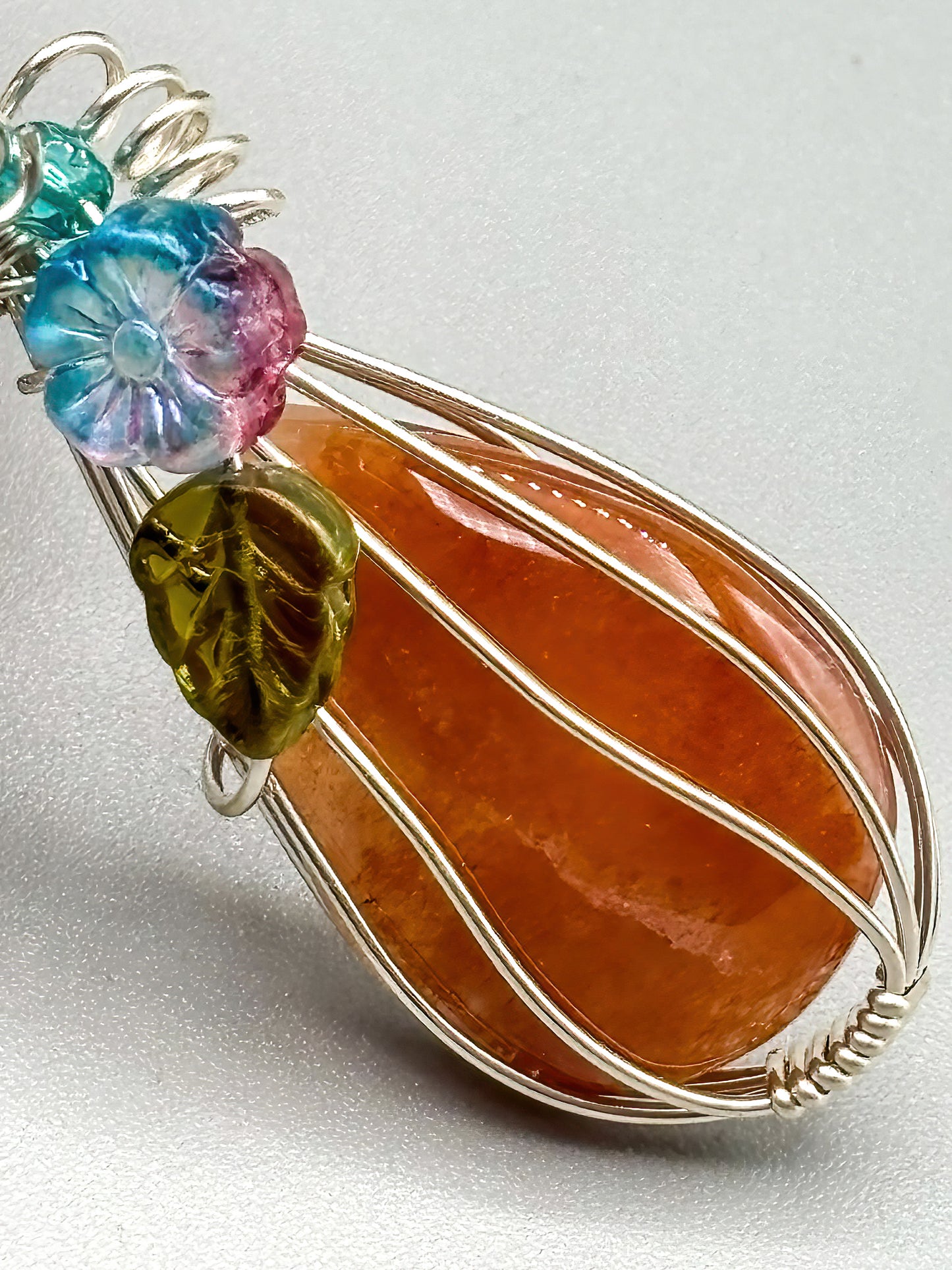 Carnelian Pumpkin wrapped in Sterling Silver with Czech Glass Accents, Stainless Steel Chain included!